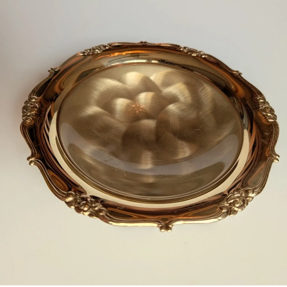 Good‎ Art Contempo Brass Footed Bowl Rose Floral Border Made in Japan VTG